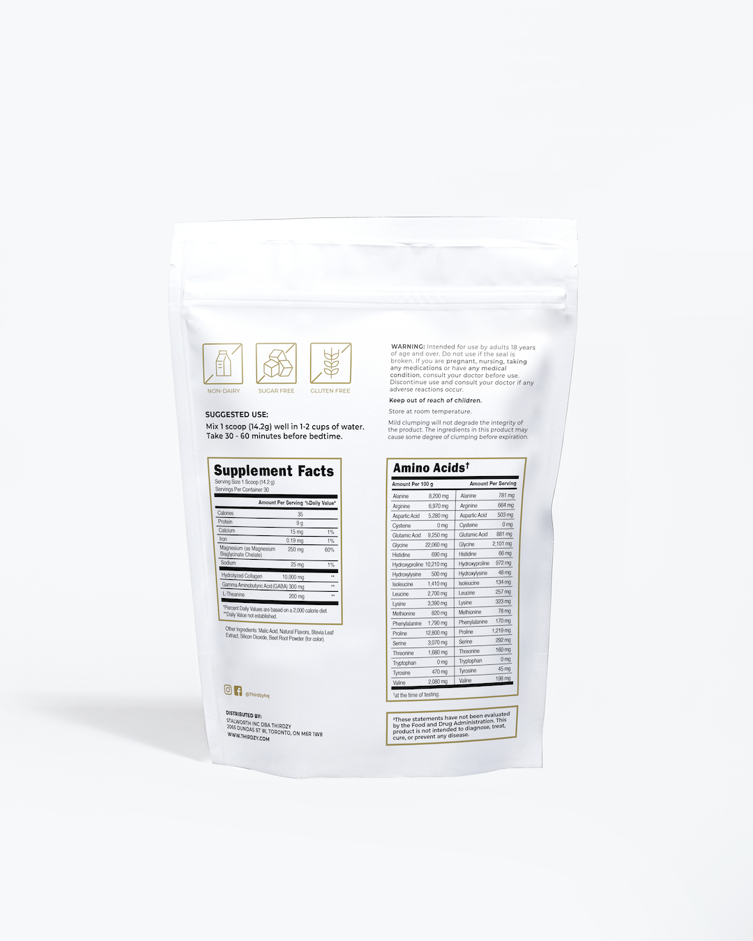 L-theanine. Collagen. Magnesium Bisglycinate. GABA. Sugar Free. Melatonin Free. No artificial flavors or colors.