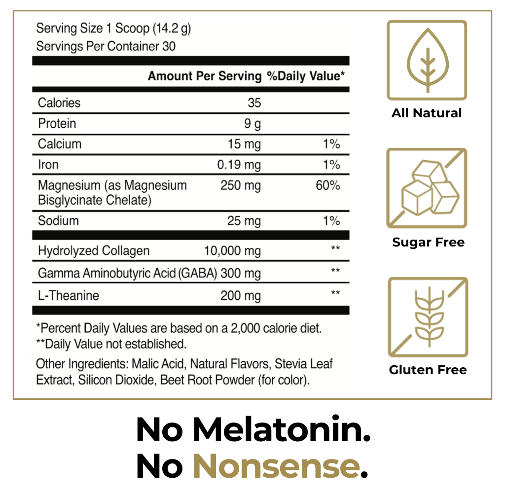 Magnesium Bisglycinate for sleep. GABA for sleep. Collagen for sleep. L-theanine for sleep.