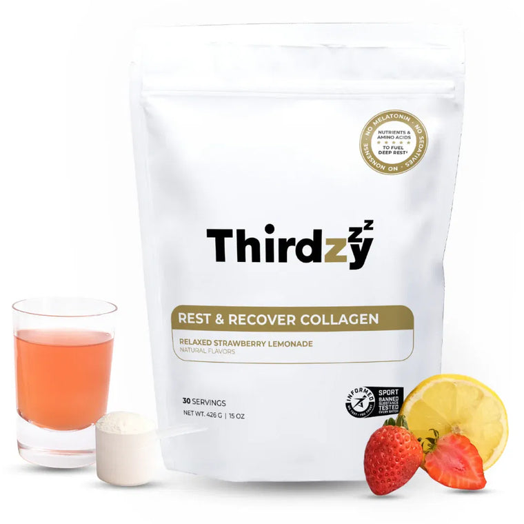Thirdzy Rest & Recover Collagen pouch with strawberry lemonade drink